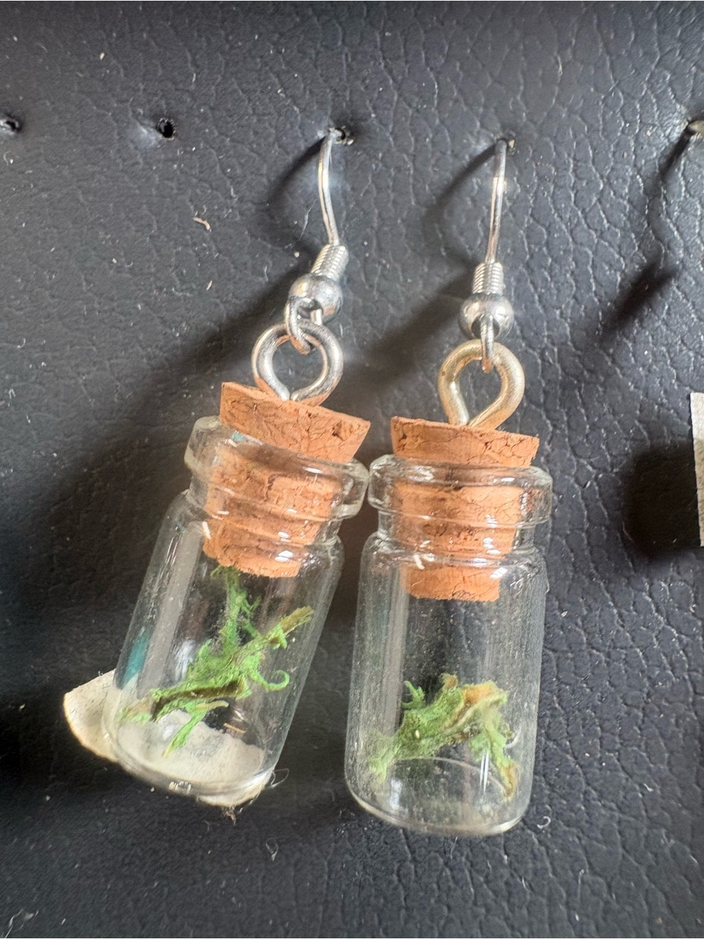 Mini Glass Bottle Earrings with Cork Tops and Green Moss